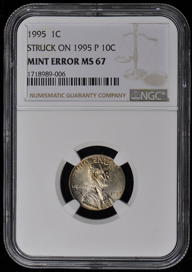 1995 NGC MS67 Double Denomination Mint Error Cent Struck on Dime (1 of 2)