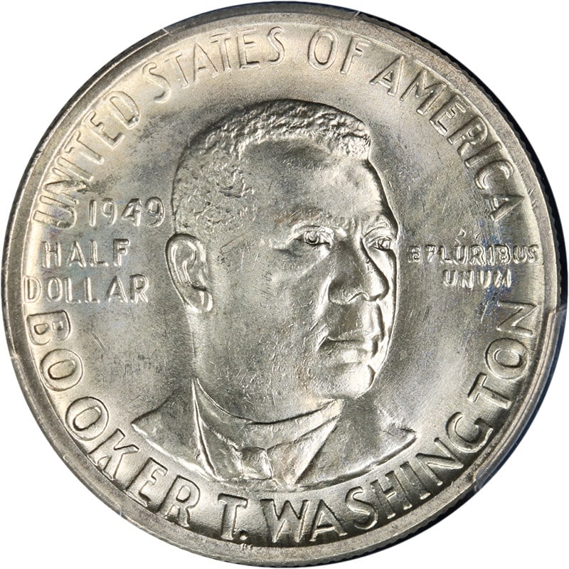 1949 Philadelphia Silver Booker T Washington Half Dollar PCGS MS66: 1949 Philadelphia Silver Booker T Washington Half Dollar PCGS MS66 This 1949-P Booker T. Washington Commemorative Half Dollar is certified by PCGS with a grade of MS66. The coin is uncirculated and fe