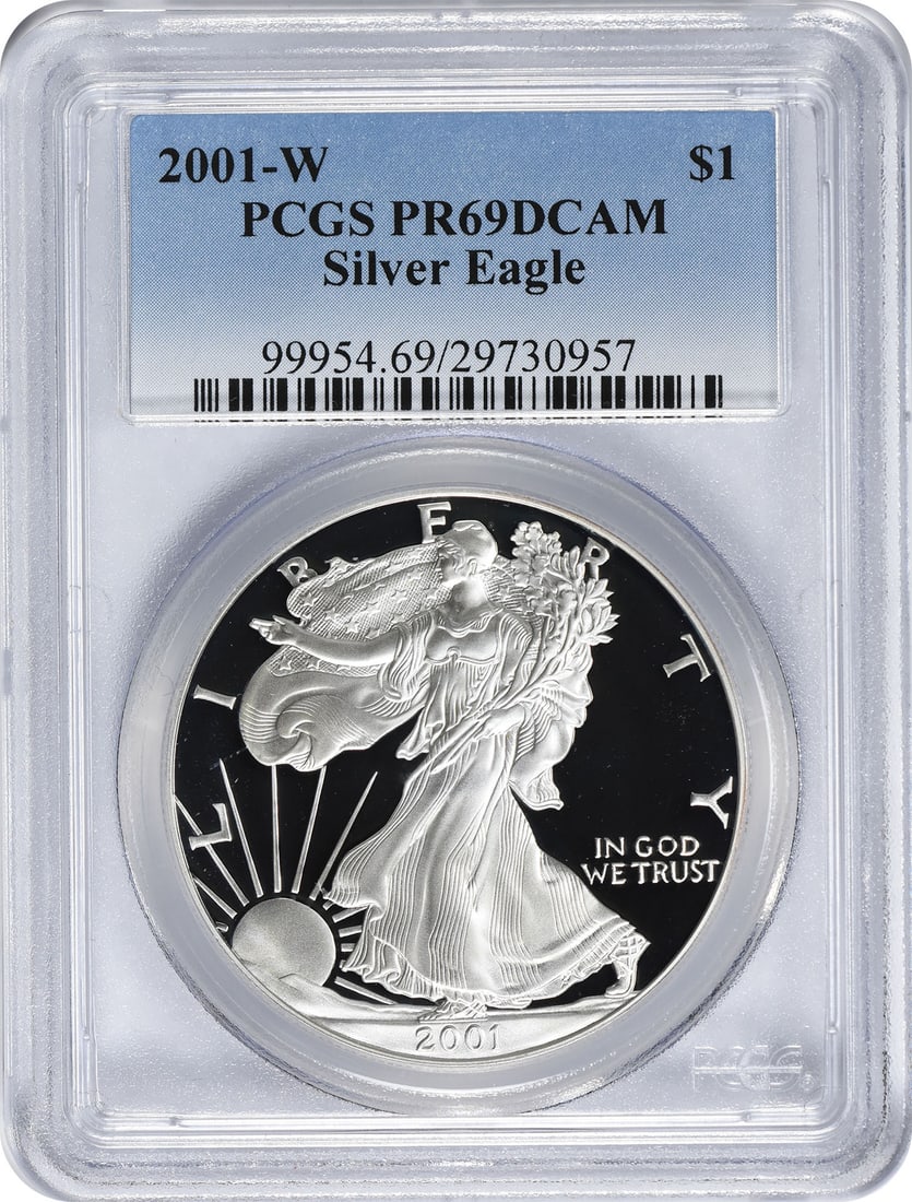2001-W American Silver Eagle Dollar PR69DCAM PCGS Proof 1 oz Silver: 2001-W American Silver Eagle Dollar PR69DCAM PCGS Proof 1 oz Silver This 2001-W American Silver Eagle Dollar is a stunning example of U.S. mint artistry, featuring a grade of PR69DCAM from PCGS, indic