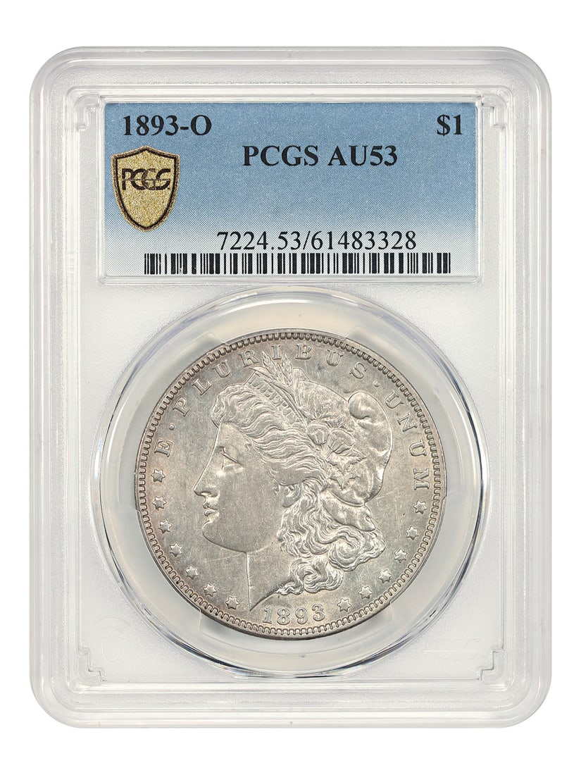 PCGS AU53 1893 New Orleans Mint Morgan Silver Dollar Scarce Issue: PCGS AU53 1893 New Orleans Mint Morgan Silver Dollar Scarce Issue This is an 1893-O Morgan Dollar graded AU53 by PCGS. Minted in New Orleans, this circulated coin is a scarce date in the Morgan Dollar