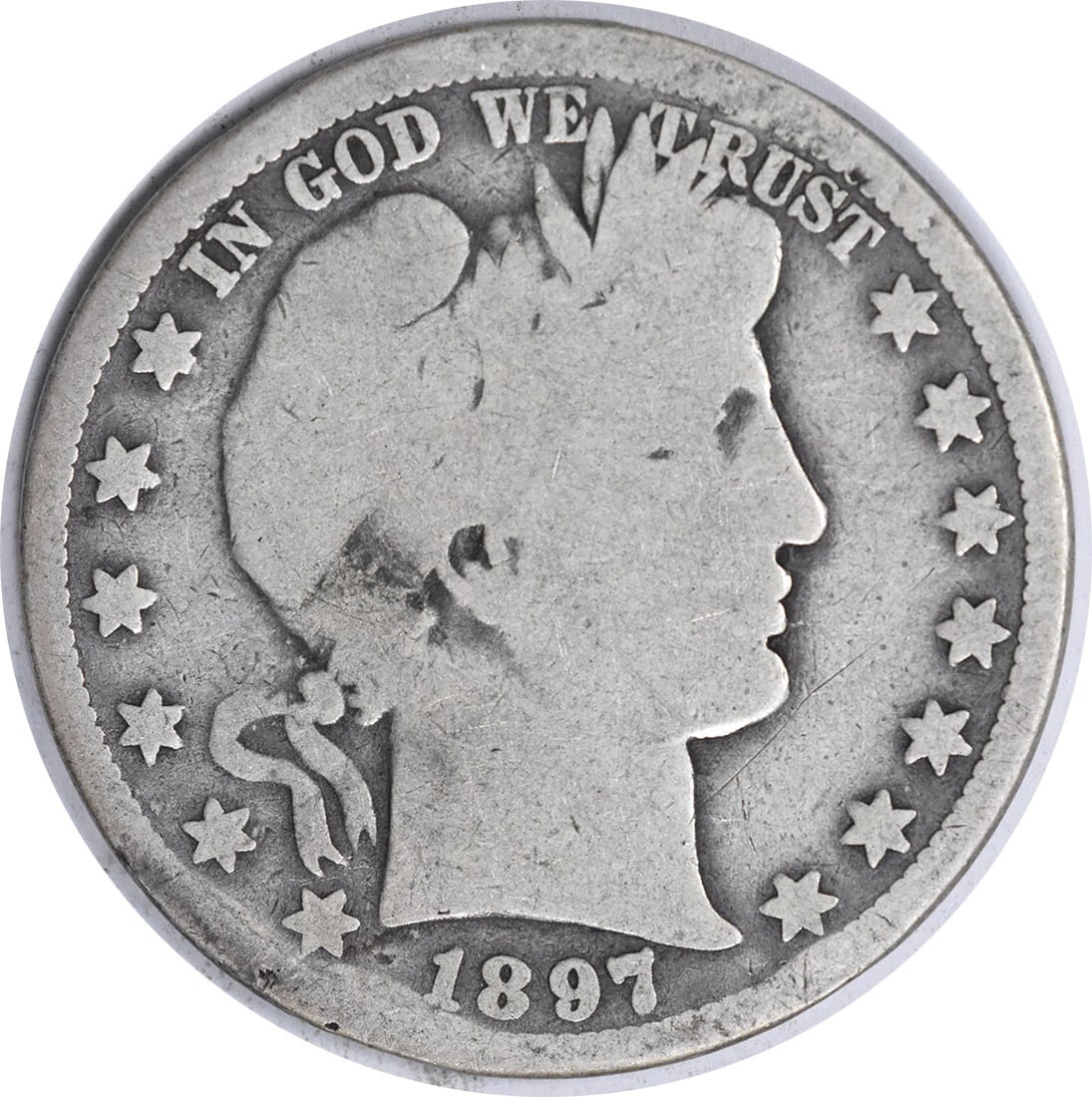 1897-O Barber Silver Half Dollar 50C Uncertified Coin: 1897-O Barber Silver Half Dollar 50C Uncertified Coin This 1897-O Barber Silver Half Dollar is a classic piece for collectors. Struck at the New Orleans mint, this coin features the iconic design by C