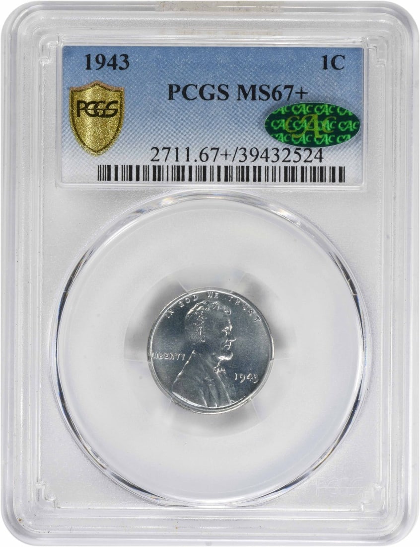 1943 Steel Lincoln Cent MS67+ PCGS CAC Uncirculated: 1943 Steel Lincoln Cent MS67+ PCGS CAC Uncirculated This 1943 Steel Lincoln Cent is graded MS67+ by PCGS and features CAC certification, ensuring its quality and authenticity. It is an uncirculated co