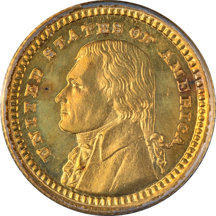 PCGS PR61 1903 Gold Dollar Jefferson Commemorative Proof Key Date OGH: PCGS PR61 1903 Gold Dollar Jefferson Commemorative Proof Key Date OGH This 1903 Jefferson Commemorative Gold $1 coin is a proof issue graded PR61 by PCGS. Featuring a strong strike, attractive luster,