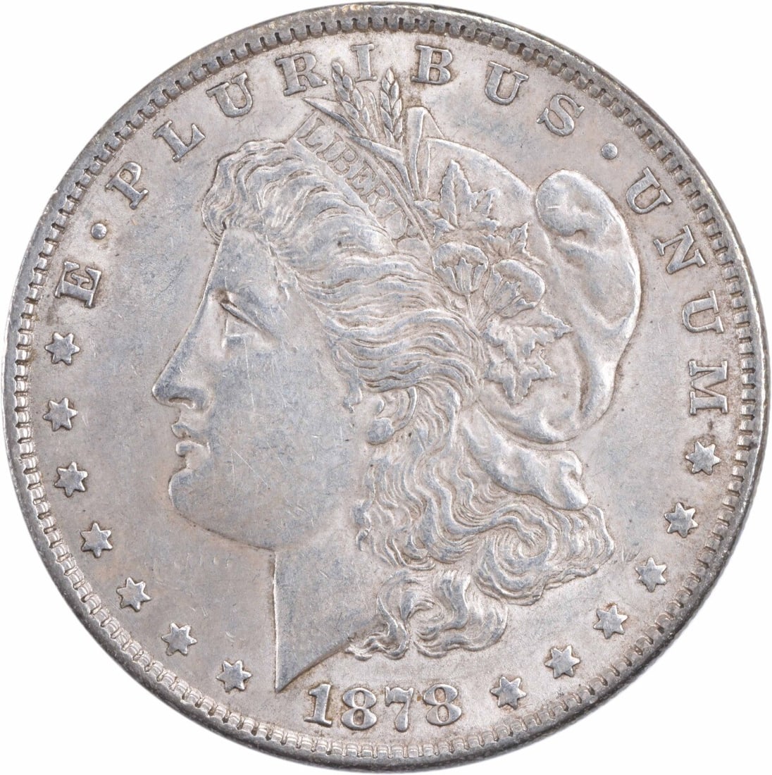 1878 AU Morgan Dollar Philadelphia 7 Tail Feathers Reverse of 1879 Uncertified: 1878 AU Morgan Dollar Philadelphia 7 Tail Feathers Reverse of 1879 Uncertified This is a 1878 Morgan Silver Dollar featuring the 7 Tail Feathers Reverse of 1879 design. Struck at the Philadelphia Mint