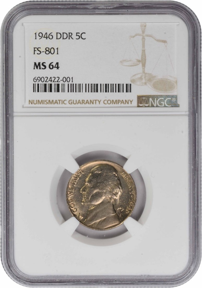 1946 Jefferson 5C Double Die Reverse MS64 NGC Certified: 1946 Jefferson 5C Double Die Reverse MS64 NGC Certified This 1946 Jefferson Nickel features the sought-after Doubled Die Reverse (DDR) FS-801 variety and has been certified by NGC with a grade of MS64