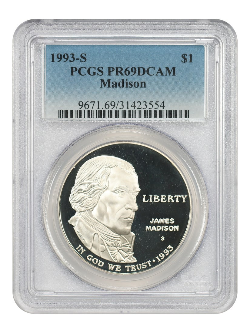 PCGS PR69DCAM 1993-S Silver Dollar Madison Modern Commemorative Coin: PCGS PR69DCAM 1993-S Silver Dollar Madison Modern Commemorative Coin This 1993-S $1 Madison commemorative coin is struck in silver and graded PR69 Deep Cameo by PCGS. It is uncirculated and was minted