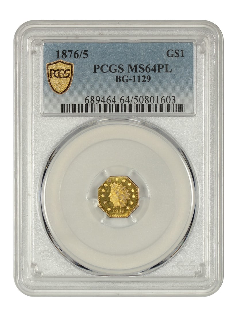 1876 California Fractional Gold Dollar PCGS MS64PL BG-1129: 1876 California Fractional Gold Dollar PCGS MS64PL BG-1129 This is an 1876 California Fractional Gold $1 coin, designated BG-1129, graded MS64PL by PCGS. The coin is uncirculated and features a proofl