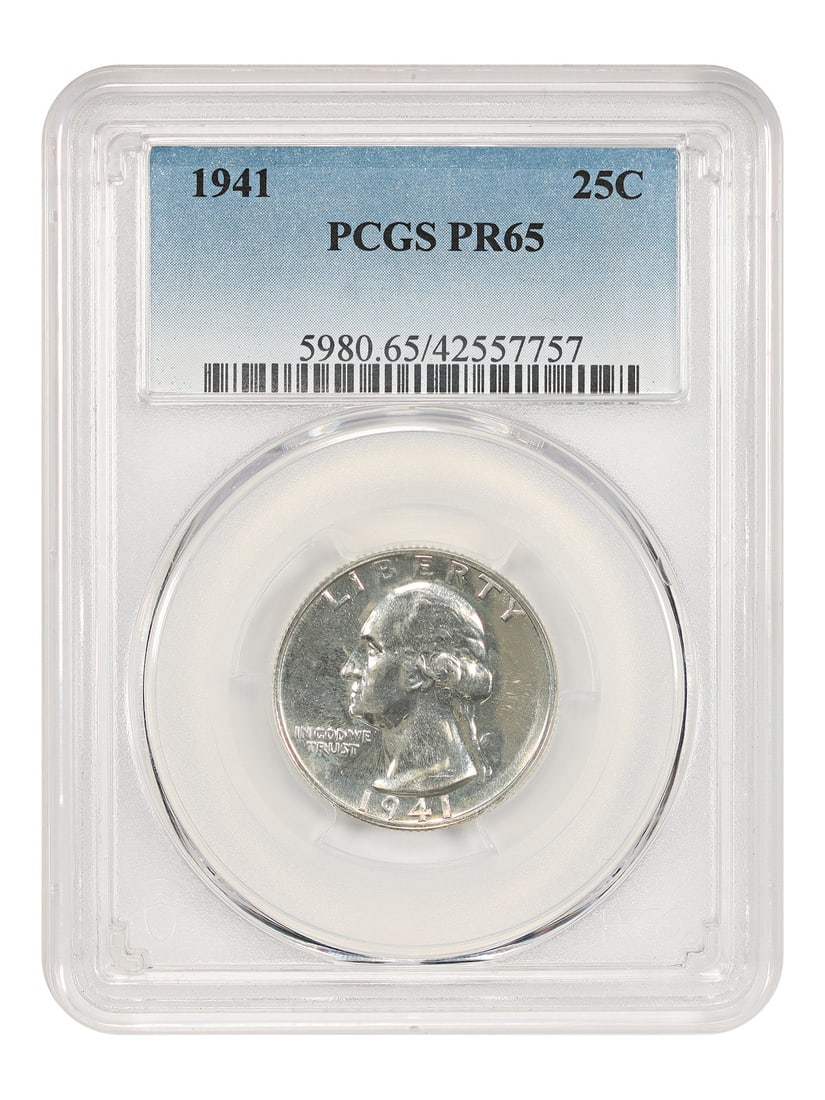 1941 Proof Washington Quarter PCGS Graded PR65: 1941 Proof Washington Quarter PCGS Graded PR65 This is a 1941 Washington Quarter graded PR65 by PCGS. The coin is uncirculated and originates from the Philadelphia Mint. It features a proof strike and