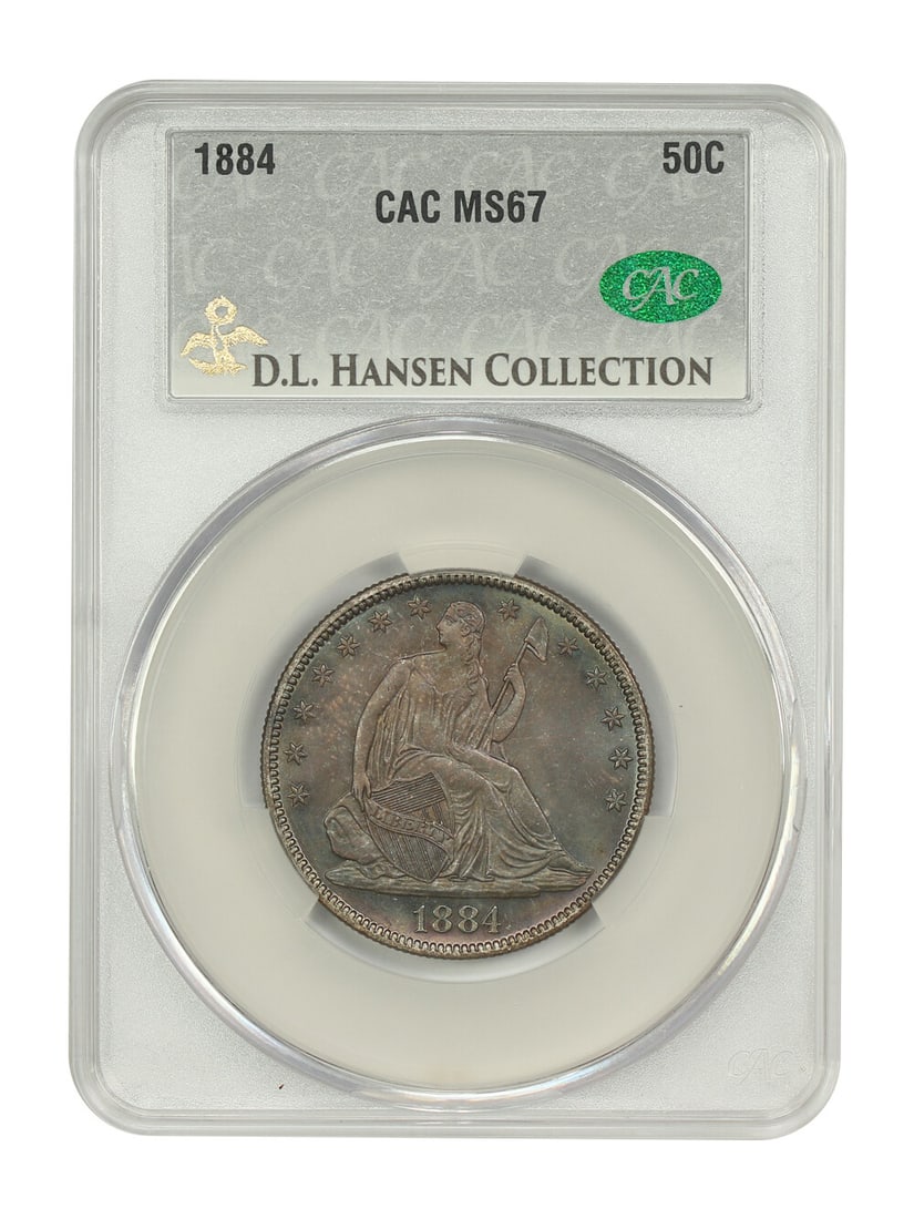 1884 CACG MS67 Liberty Seated Half Dollar Stunning Colorful Toning: 1884 CACG MS67 Liberty Seated Half Dollar Stunning Colorful Toning This 1884 Liberty Seated Half Dollar is a remarkable example, certified by CACG with a grade of MS67. With a limited mintage of only 