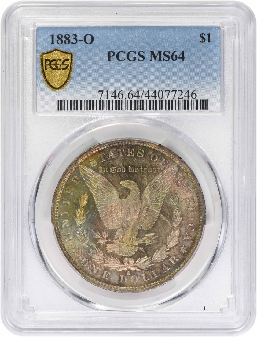 PCGS MS64 1883-O Morgan Dollar 90 Silver New Orleans Mint Toned: PCGS MS64 1883-O Morgan Dollar 90 Silver New Orleans Mint Toned This 1883-O Morgan Silver Dollar is graded MS64 by PCGS and features attractive toning. Struck at the New Orleans Mint, the coin is comp