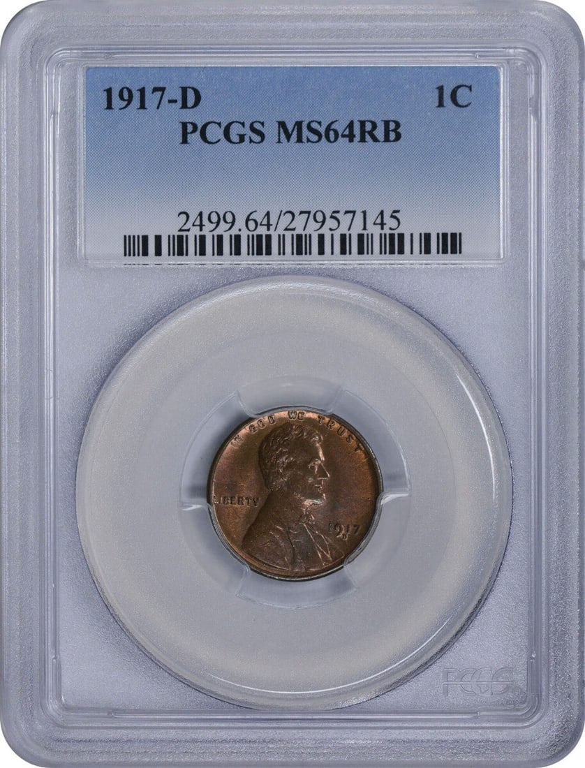 1917-D Lincoln Cent MS64RB PCGS Uncirculated Copper Coin: 1917-D Lincoln Cent MS64RB PCGS Uncirculated Copper Coin This 1917-D Lincoln Cent is a remarkable piece certified by PCGS with a grade of MS64RB. Minted in Denver, this uncirculated coin features the 