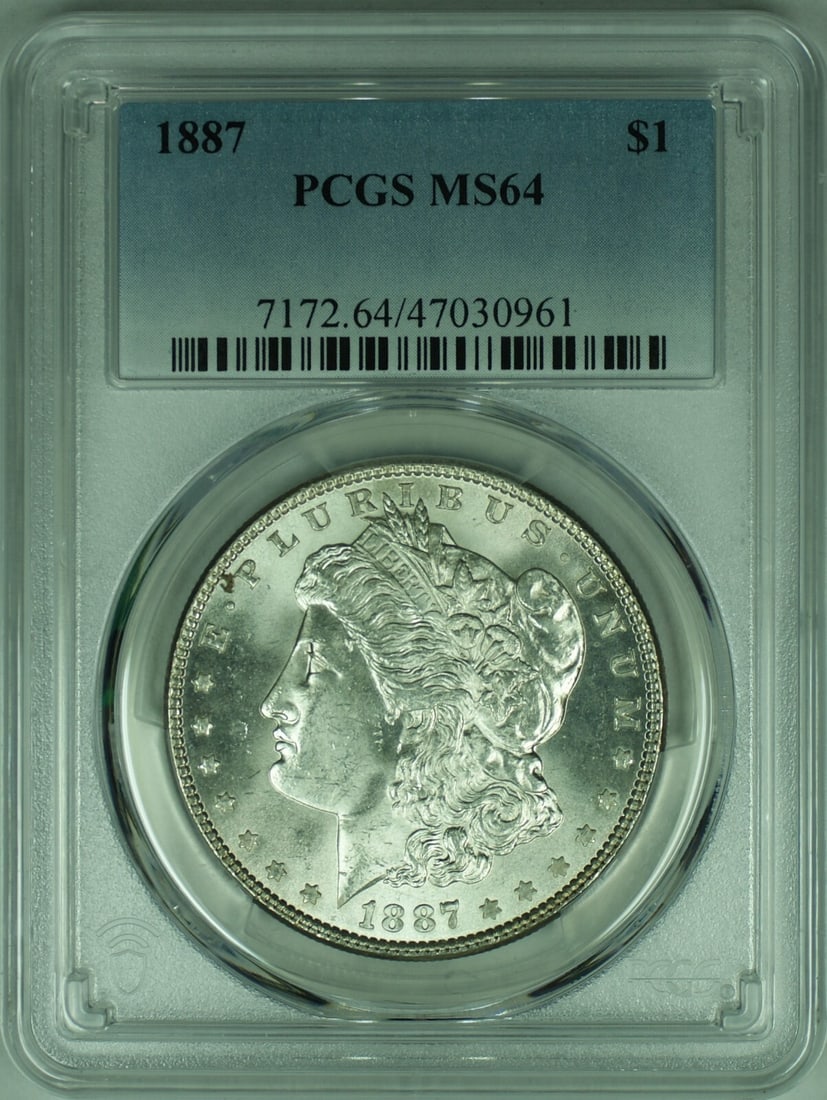 PCGS MS-64 1887 Morgan Dollar Silver Coin Uncirculated Philadelphia: PCGS MS-64 1887 Morgan Dollar Silver Coin Uncirculated Philadelphia This 1887 Morgan Silver Dollar coin was minted in Philadelphia and is certified by PCGS with a grade of MS-64. Composed of 90% silve