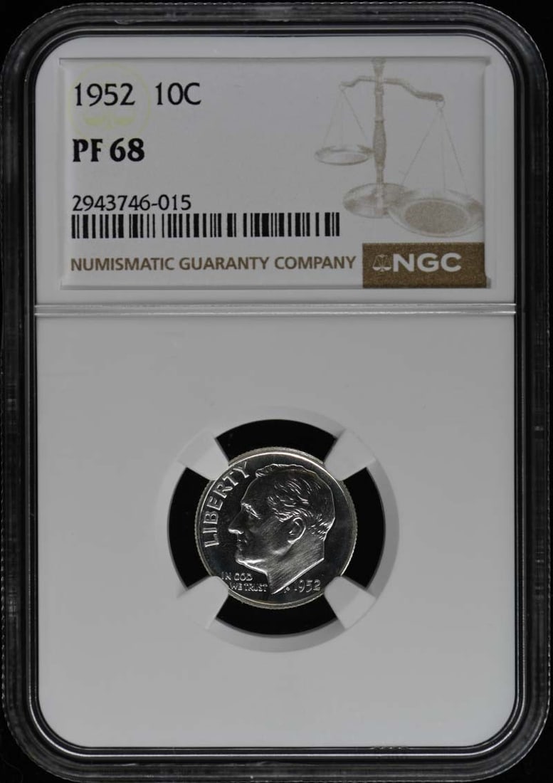 1952 NGC PR68 Uncirculated Roosevelt Dime Silver 10C: 1952 NGC PR68 Uncirculated Roosevelt Dime Silver 10C This 1952 Roosevelt Dime is a remarkable collectible, certified by NGC with a grade of PR68, indicating its exceptional quality. Struck in silver a