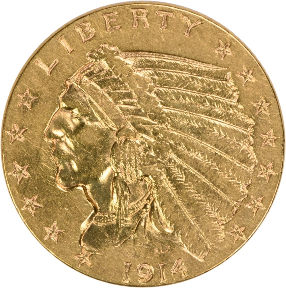 1914 Indian Head $2.50 Gold Quarter Eagle AU Philadelphia Uncertified Coin: 1914 Indian Head $2.50 Gold Quarter Eagle AU Philadelphia Uncertified Coin This 1914 $2.50 Gold Indian coin was minted in Philadelphia and designed by Bela Lyon Pratt. It is composed of 90% gold and 1