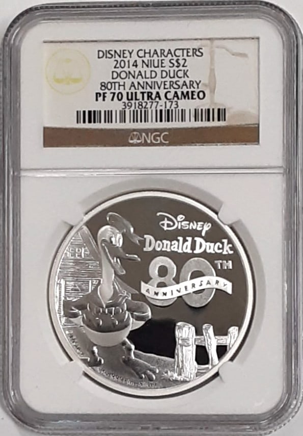 Donald Duck 2014 Niue $2 Silver Proof Coin NGC PF70 Ultra Cameo: Donald Duck 2014 Niue $2 Silver Proof Coin NGC PF70 Ultra Cameo This 2014 Niue 2 Dollar coin is part of the Disney Characters series and features Donald Duck in celebration of his 80th anniversary. St