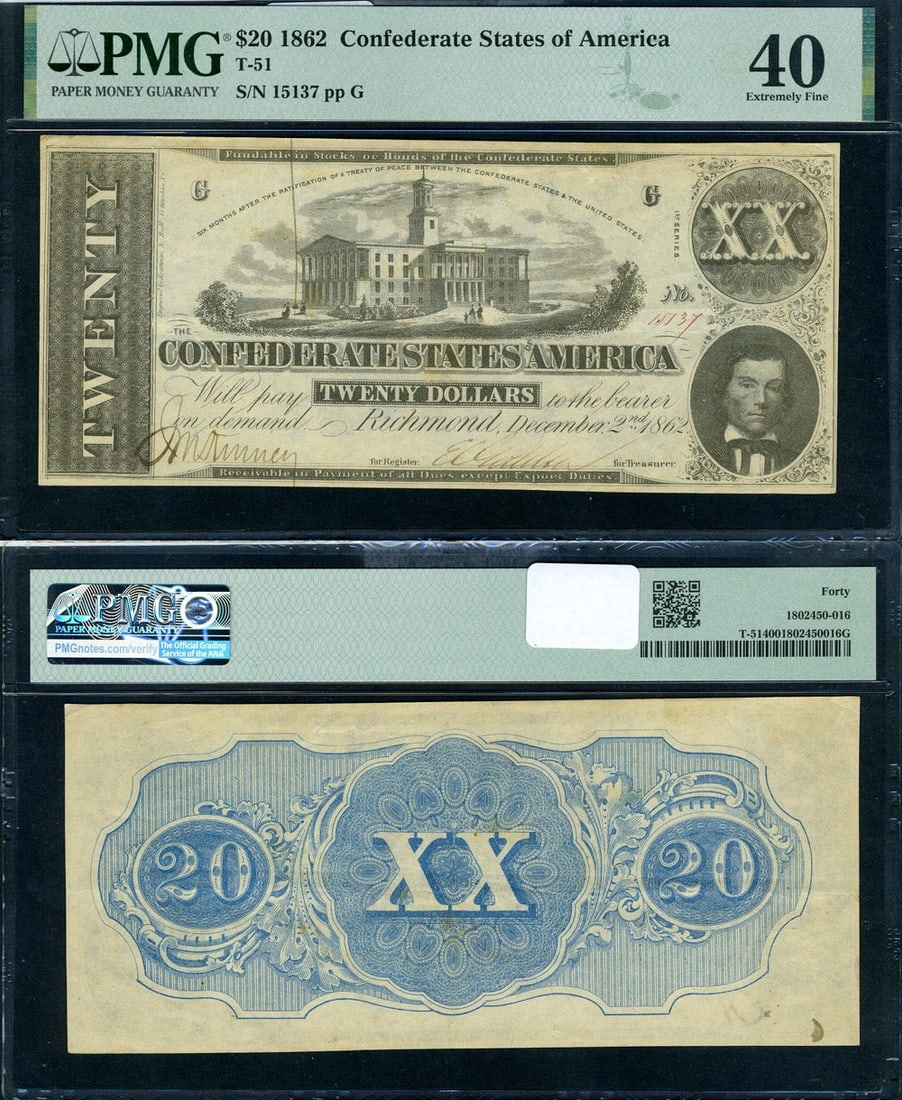 1862 T-51 $20 Confederate Note CR-366 PMG XF40 Full Frame (1 of 3)