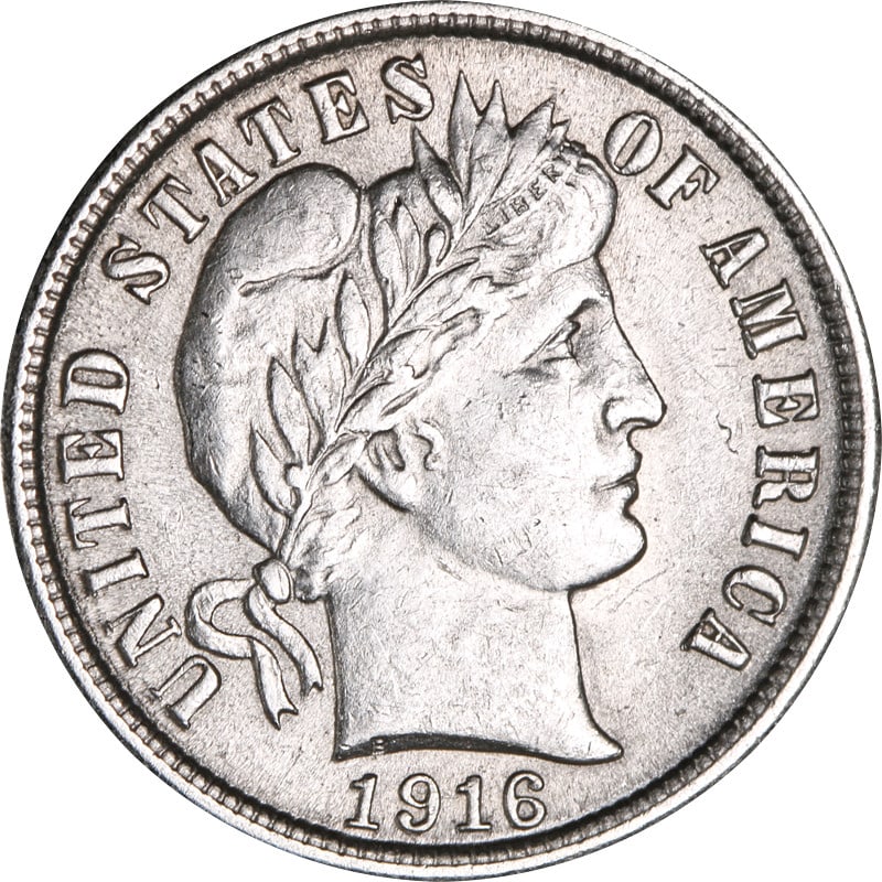 Philadelphia Mint 1916 Silver Barber Dime United States Coin: Philadelphia Mint 1916 Silver Barber Dime United States Coin This 1916-P Barber Dime is a silver coin minted in Philadelphia, United States. It is a circulated, pre-owned piece from the final year of 