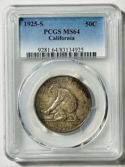 1925 Silver California Diamond Jubilee Dollar PCGS MS64 San Francisco Mint: 1925 Silver California Diamond Jubilee Dollar PCGS MS64 San Francisco Mint This 1925 S Classic Commemorative California Diamond Jubilee silver dollar has been certified by PCGS with a grade of MS 64. 