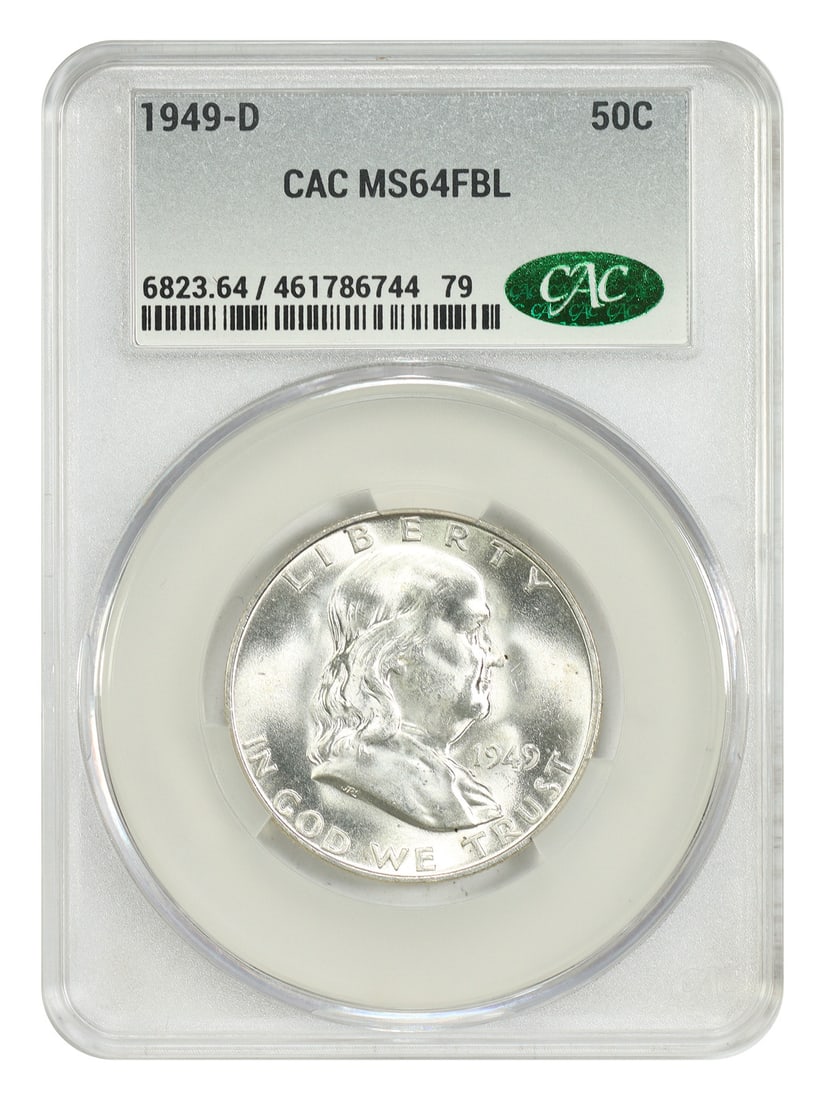 1949 Denver Franklin Half Dollar CACG MS64FBL Key Date: 1949 Denver Franklin Half Dollar CACG MS64FBL Key Date This 1949-D Franklin Half Dollar is a popular key date coin, graded MS64FBL by CACG and struck at the Denver Mint. It is uncirculated and feature