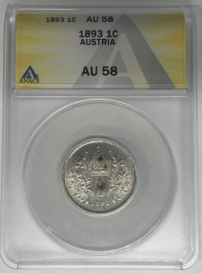 1893 Silver 1 Corona Coin Austria ANACS Certified AU 58: 1893 Silver 1 Corona Coin Austria ANACS Certified AU 58 This 1893 Austria 1 Corona coin is composed of silver and has been certified by ANACS with a grade of AU 58. It is a pre-owned collectible from 