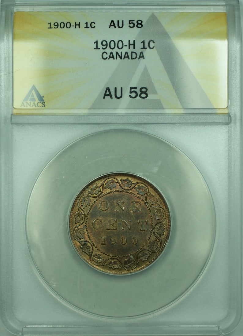 ANACS AU-58 1900-H Queen Victoria Large Cent Canada Bronze Coin: ANACS AU-58 1900-H Queen Victoria Large Cent Canada Bronze Coin This 1900-H Canada One Cent coin features Queen Victoria and is composed of bronze with a red-brown (RB) color designation. It has been 