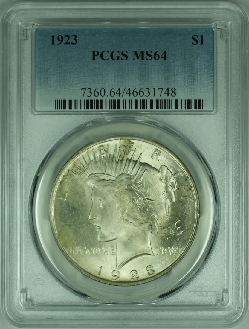 1923 Peace Dollar Silver Coin PCGS MS64 Philadelphia Certified: 1923 Peace Dollar Silver Coin PCGS MS64 Philadelphia Certified This 1923 Peace Silver Dollar is a $1 coin from the United States, struck at the Philadelphia Mint. Composed of 90% silver, it is certifi