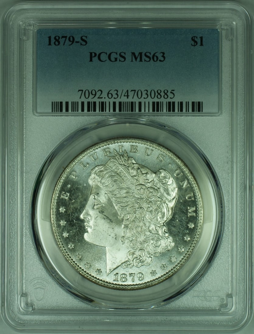 San Francisco 1879 Morgan Dollar Semi Prooflike PCGS MS-63 Silver Coin: San Francisco 1879 Morgan Dollar Semi Prooflike PCGS MS-63 Silver Coin This is an 1879-S Morgan Silver Dollar featuring semi proof-like surfaces. Graded MS-63 by PCGS, this uncirculated coin was minte