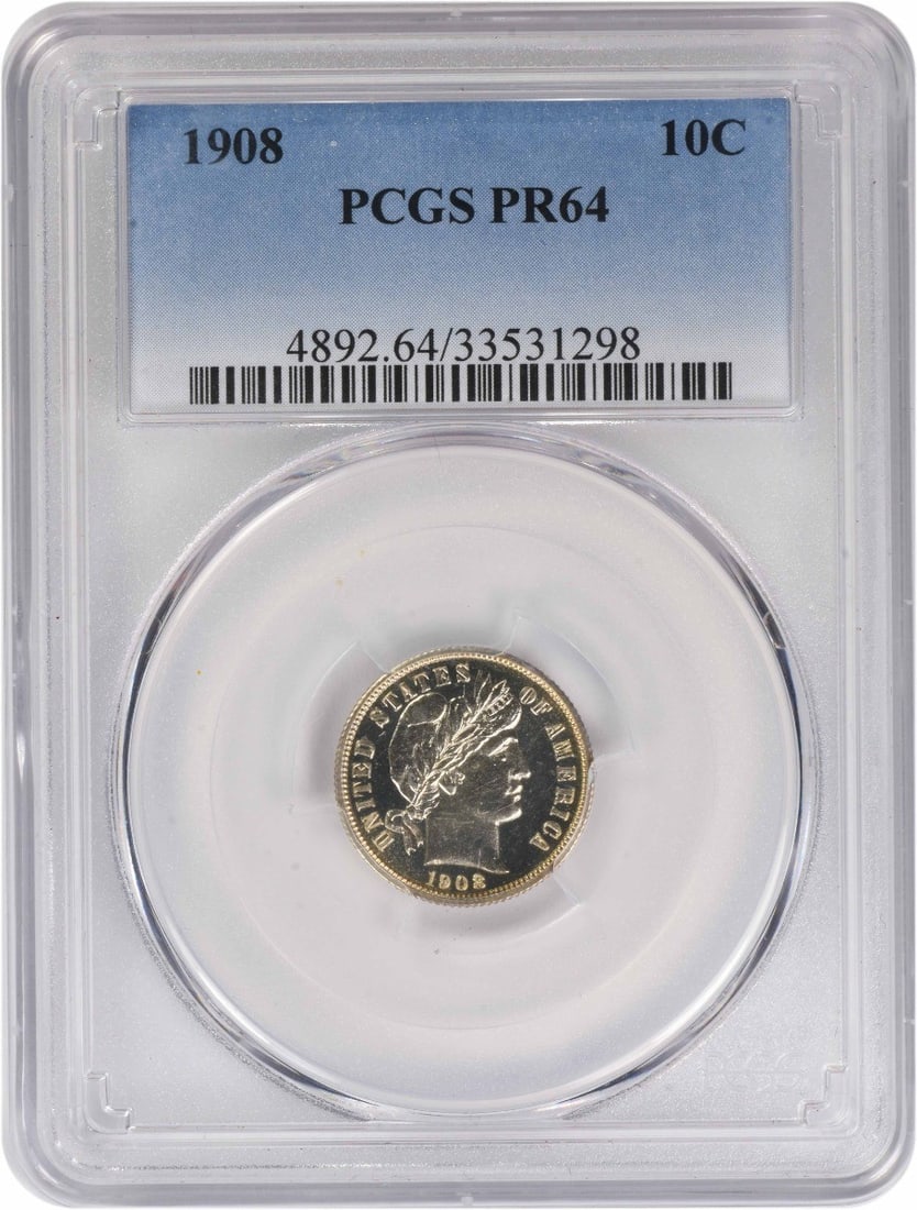 1908 Proof Barber Dime Silver 10C PR64 Graded by PCGS: 1908 Proof Barber Dime Silver 10C PR64 Graded by PCGS This 1908 Barber Silver Dime is a proof coin graded PR64 by PCGS. Struck in silver, it features the classic Barber design and is in uncirculated p