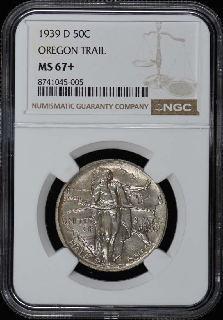 1939-D NGC MS67 Plus Oregon Silver Half Dollar Commemorative Coin: 1939-D NGC MS67 Plus Oregon Silver Half Dollar Commemorative Coin This 1939-D Oregon Silver Commemorative 50 Cent coin has been certified by NGC and graded MS67+. Minted in Denver, it remains in uncir