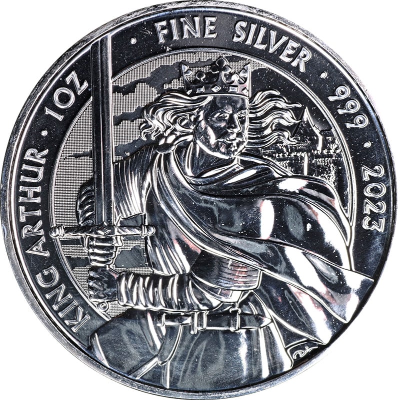 King Arthur 2023 Great Britain 1 Oz Silver BU Coin Uncirculated: King Arthur 2023 Great Britain 1 Oz Silver BU Coin Uncirculated This 2023 Great Britain 1 Ounce Silver King Arthur coin is uncirculated and features a brilliant uncirculated (BU) grade. Struck in 0.99