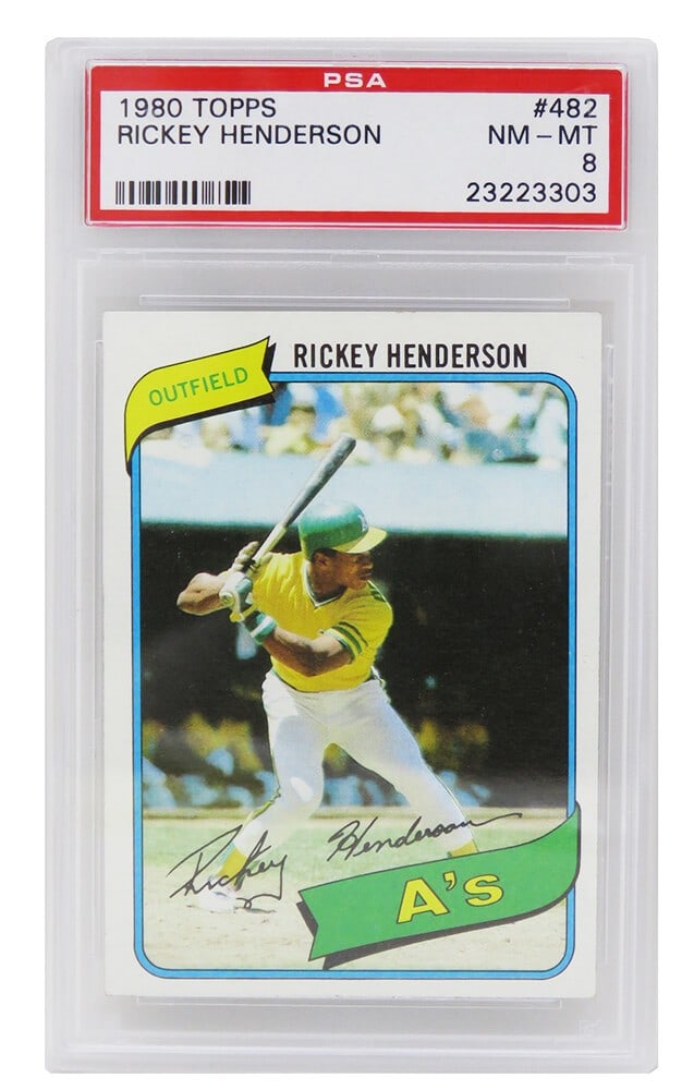 Rickey Henderson 1980 Topps Baseball Rookie Card #482 PSA 8 NM-MT: Rickey Henderson 1980 Topps Baseball Rookie Card #482 PSA 8 NM-MT This listing features a Rickey Henderson 1980 Topps Baseball #482 rookie card, encapsulated and graded NM-MT (Near Mint-Mint) 8 by PSA