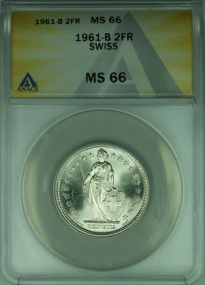 Swiss 2 Franc Silver 1961 Coin ANACS Certified MS-66: Swiss 2 Franc Silver 1961 Coin ANACS Certified MS-66 This 1961-B Switzerland 2 Franc coin is composed of 0.835 fine silver and has been graded MS-66 by ANACS. The coin is uncirculated and features a d