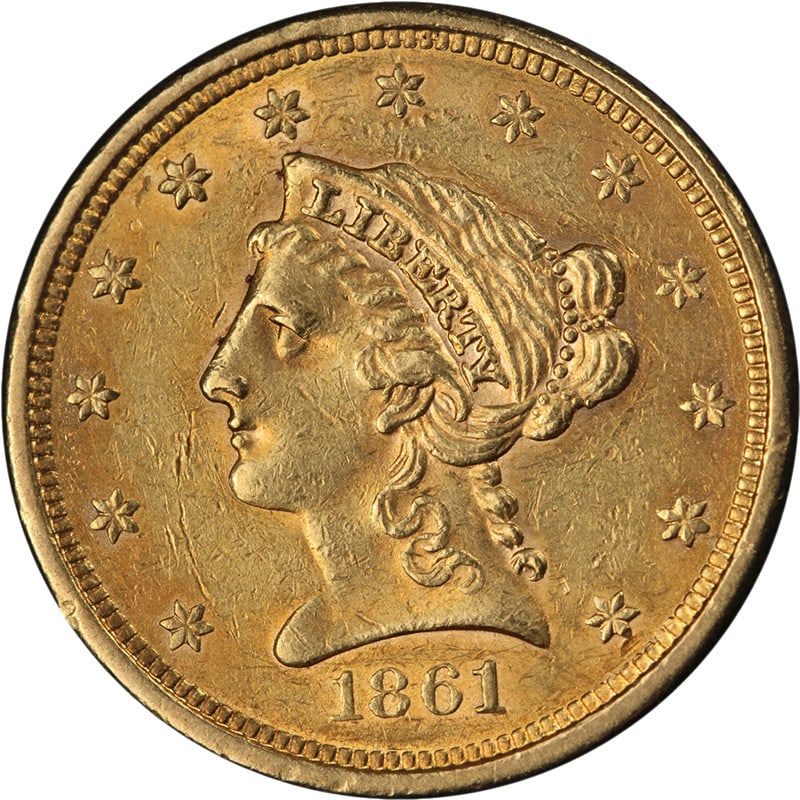 1861 Liberty $2.50 Gold Coin Philadelphia Mint AU Details Old Reverse: 1861 Liberty $2.50 Gold Coin Philadelphia Mint AU Details Old Reverse This 1861-P Liberty Gold $2.50 coin features the old reverse design and offers decent eye appeal with a strong strike and attracti