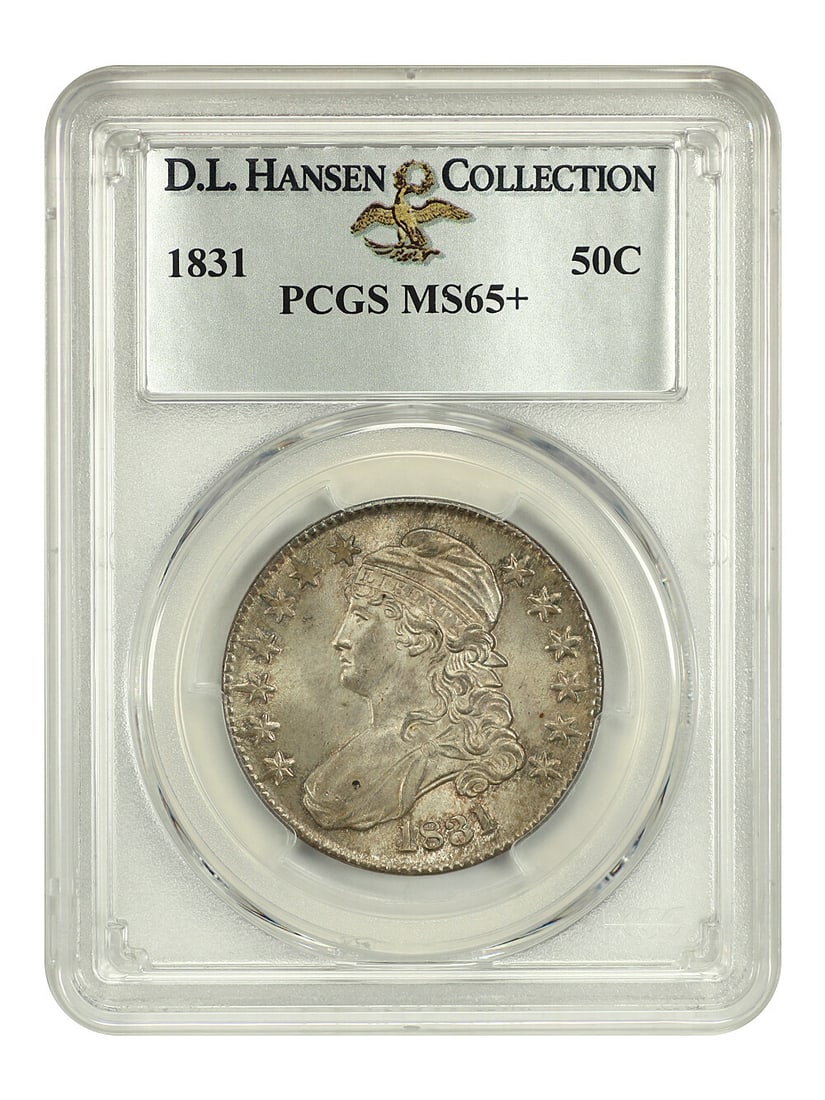 1831 Capped Bust Half Dollar PCGS MS65+ D.L. Hansen Collection: 1831 Capped Bust Half Dollar PCGS MS65+ D.L. Hansen Collection This 1831 50C Capped Bust Half Dollar is certified by PCGS with a grade of MS65+, indicating its exceptional quality and uncirculated con
