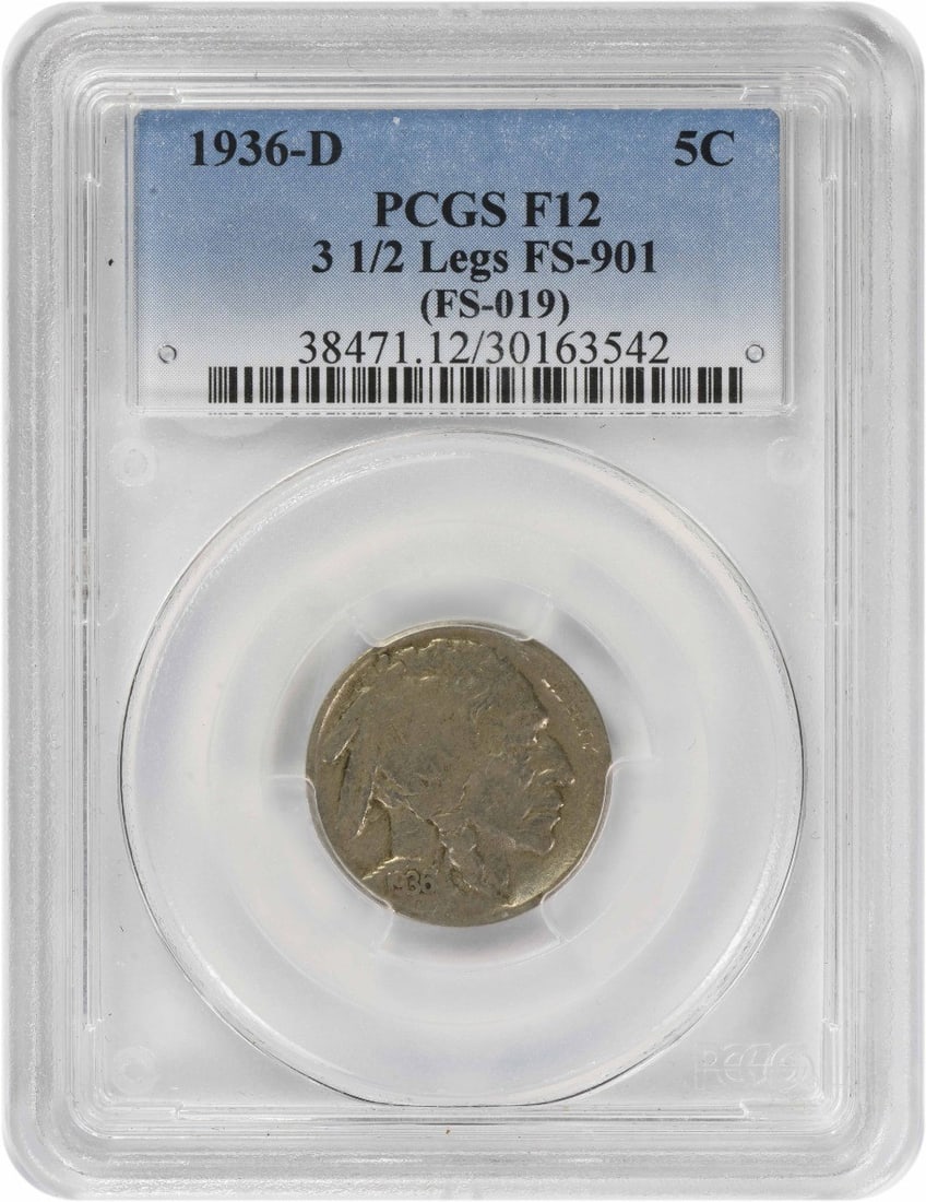 PCGS F12 1936 Denver Buffalo Nickel FS-901 3 1/2 Legs Variety: PCGS F12 1936 Denver Buffalo Nickel FS-901 3 1/2 Legs Variety This 1936-D Buffalo Nickel features the rare 3 1/2 Legs variety, designated as FS-901. Graded F12 by PCGS, this circulated coin is compose