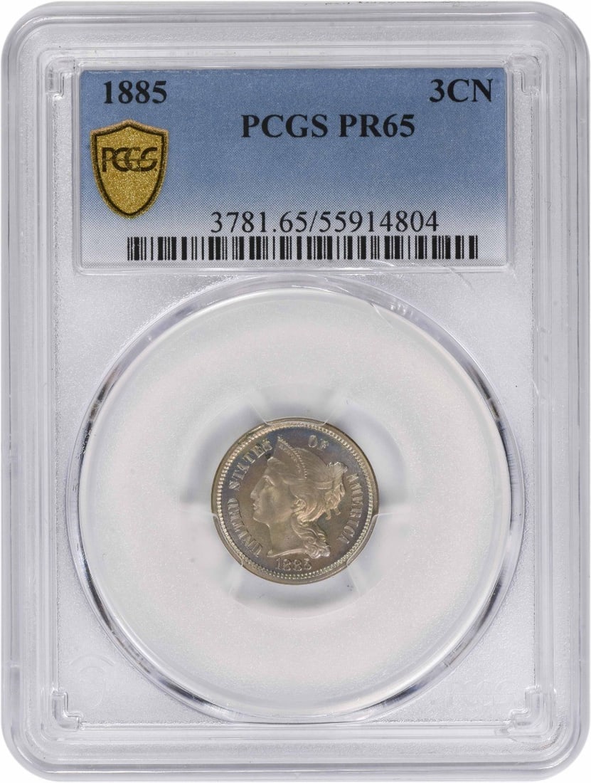 1885 Proof Three Cent Nickel Coin Graded PR65 by PCGS: 1885 Proof Three Cent Nickel Coin Graded PR65 by PCGS This is an 1885 Three Cent Nickel coin graded PR65 by PCGS. It is a proof strike, uncirculated and was minted in Philadelphia. Designed by James B