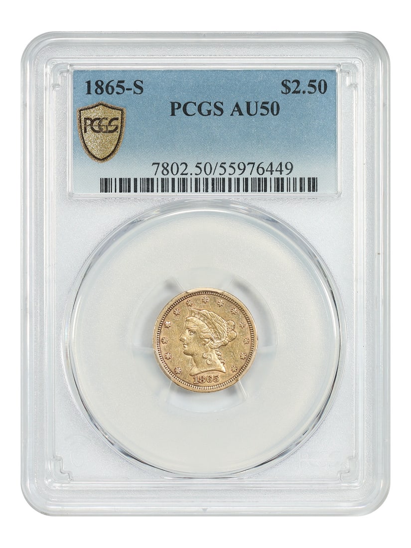 1865 San Francisco Gold Quarter Eagle PCGS AU50 Liberty Head: 1865 San Francisco Gold Quarter Eagle PCGS AU50 Liberty Head This 1865-S Liberty Head $2.50 gold coin is a rare Civil War era piece struck at the San Francisco Mint, with only 23,376 coins produced. T