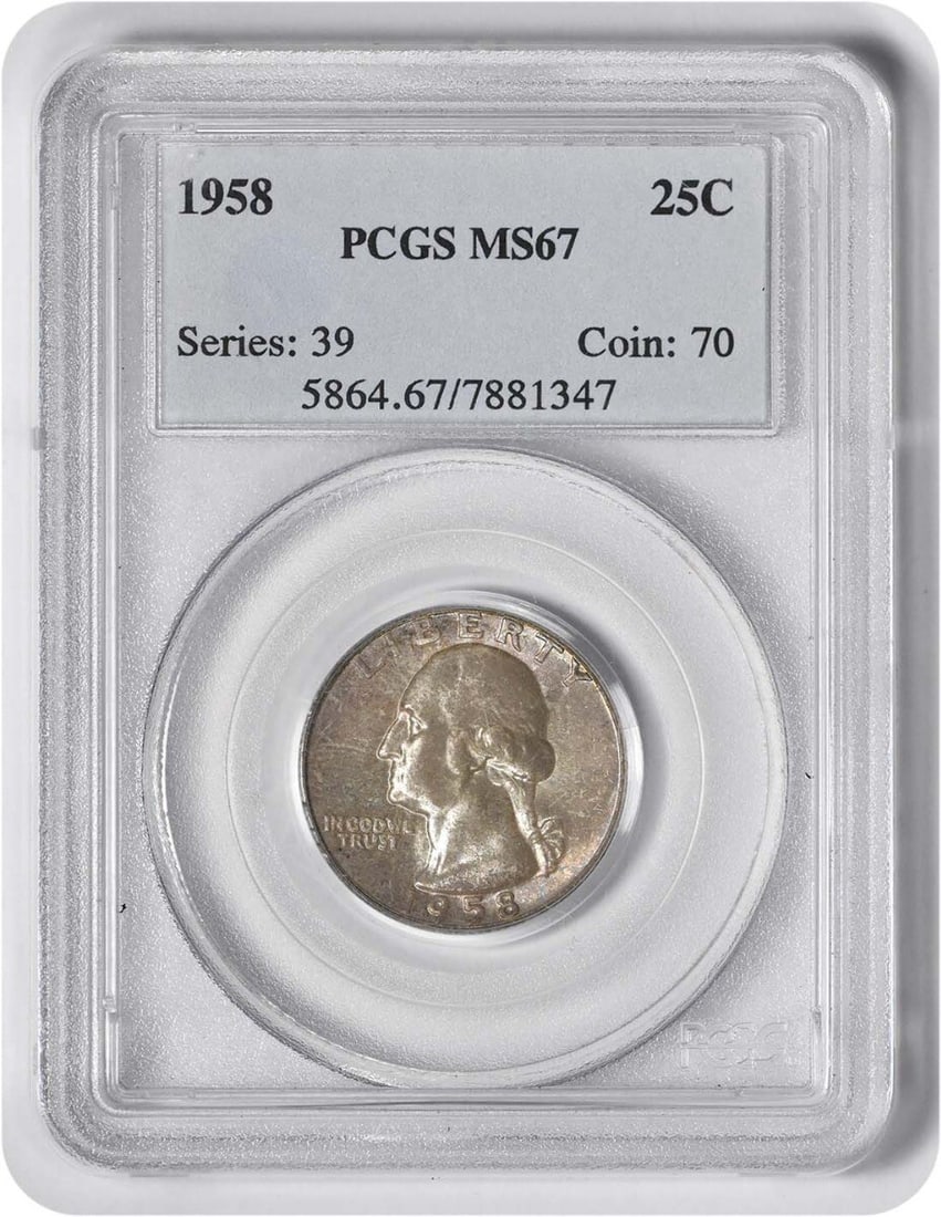 1958-P Washington Silver Quarter MS67 PCGS Uncirculated 90% Silver: 1958-P Washington Silver Quarter MS67 PCGS Uncirculated 90% Silver This 1958-P Washington Silver Quarter is a remarkable specimen graded MS67 by PCGS, indicating its exceptional quality and preservati