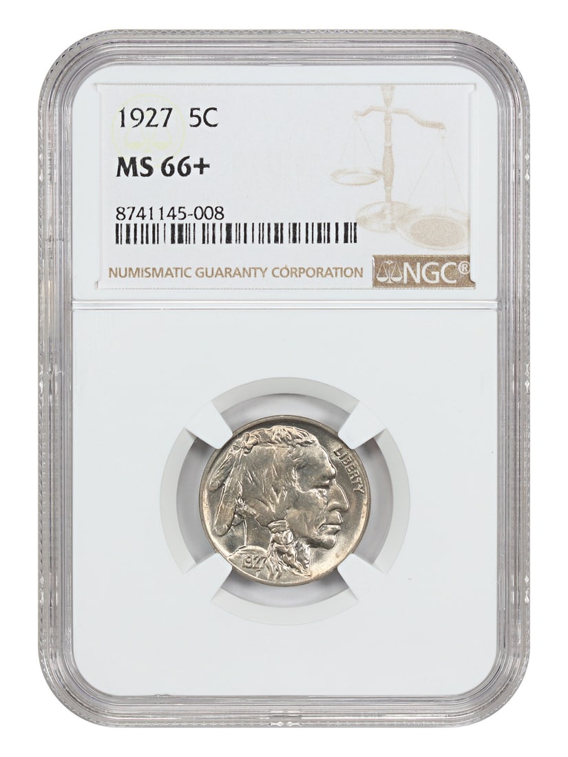 NGC MS66 Plus 1927 Five Cent Buffalo Nickel Uncirculated: NGC MS66 Plus 1927 Five Cent Buffalo Nickel Uncirculated This 1927 Buffalo Nickel is graded MS66+ by NGC and is uncirculated. It features a denomination of 5 cents and was minted in Philadelphia. The 