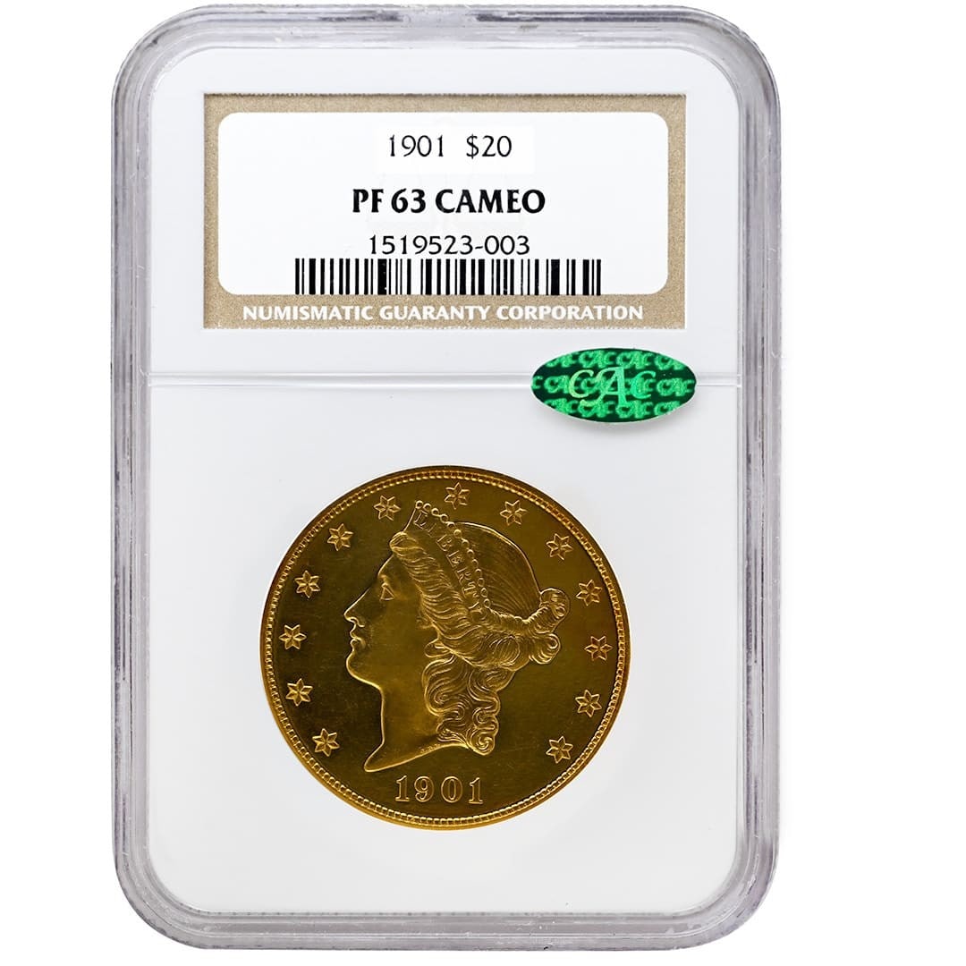 1901 Gold $20 Liberty Head Proof Double Eagle NGC PF63CAM: 1901 Gold $20 Liberty Head Proof Double Eagle NGC PF63CAM This 1901 $20 Liberty Head coin is a rare proof double eagle struck at the Philadelphia Mint. Composed of gold, it features the Type 3 design 