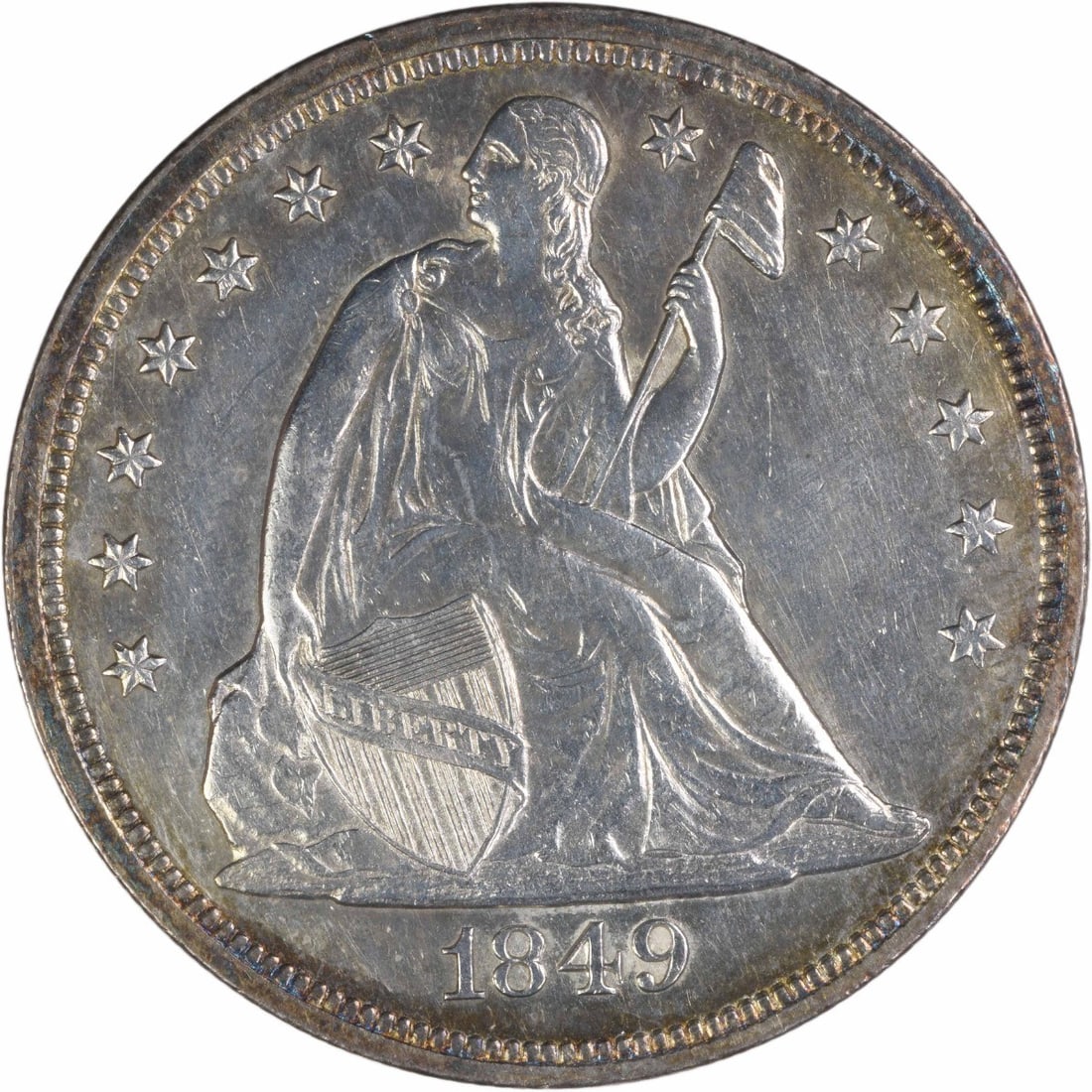 1849 Seated Liberty Silver Dollar AU Grade Uncertified Coin: 1849 Seated Liberty Silver Dollar AU Grade Uncertified Coin This 1849 Liberty Seated Silver Dollar is an attractive example from the Philadelphia Mint. Designed by Christian Gobrecht, the coin is comp