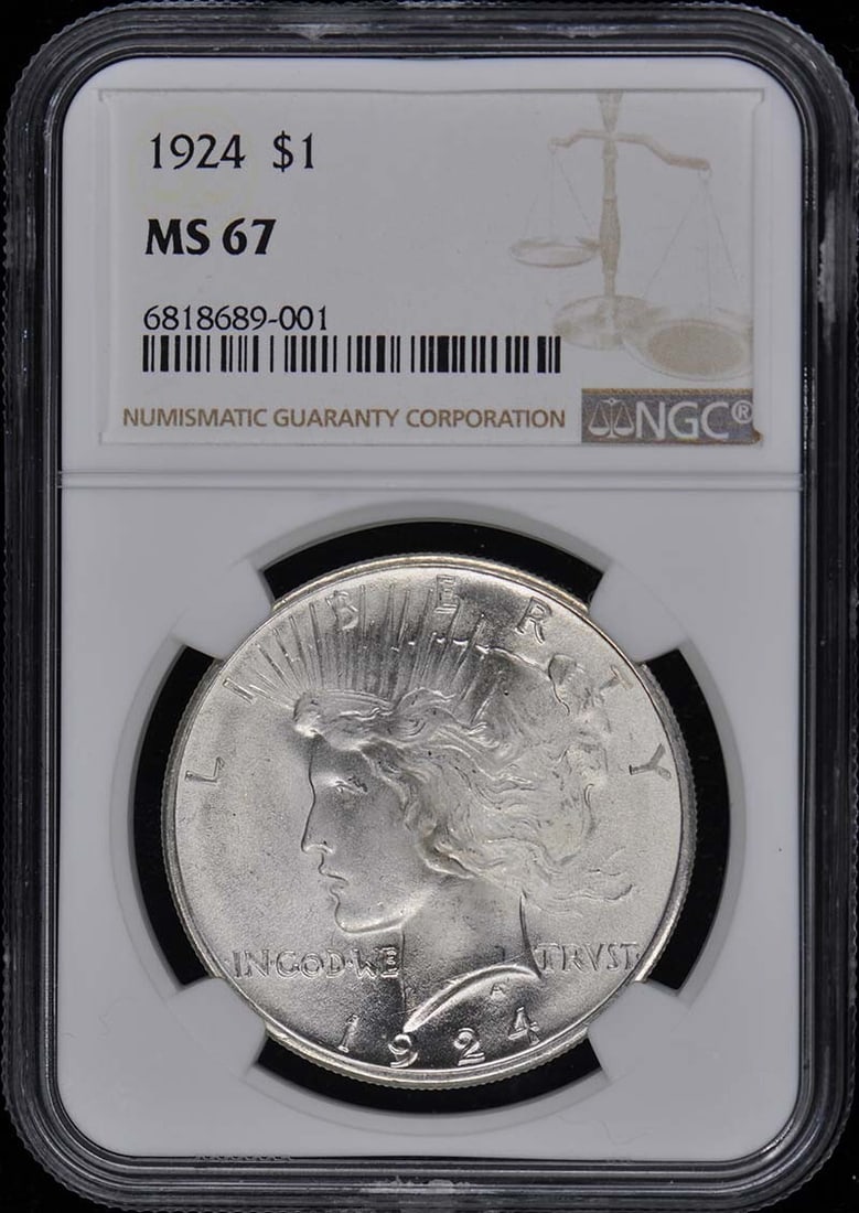 1924 NGC MS67 Peace Dollar Coin Philadelphia Uncirculated: 1924 NGC MS67 Peace Dollar Coin Philadelphia Uncirculated This 1924 Peace Dollar, graded MS67 by NGC, is a remarkable example of U.S. coinage. It is in uncirculated condition, showcasing the flawless 
