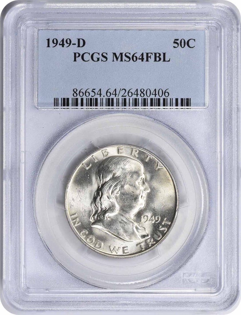 1949-D Franklin Silver Half Dollar MS64 PCGS Uncirculated Coin: 1949-D Franklin Silver Half Dollar MS64 PCGS Uncirculated Coin This 1949-D Franklin Silver Half Dollar showcases a stunning design, earning a high grade of MS64FBL from PCGS. Minted in Denver, this un
