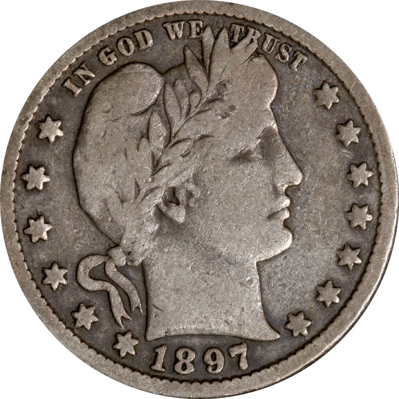 1897-O Barber Quarter 90% Silver Circulated Coin: 1897-O Barber Quarter 90% Silver Circulated Coin This 1897-O Barber Quarter is a beautifully preserved coin that offers a glimpse into the past. It has circulated and is composed of 90% silver, making