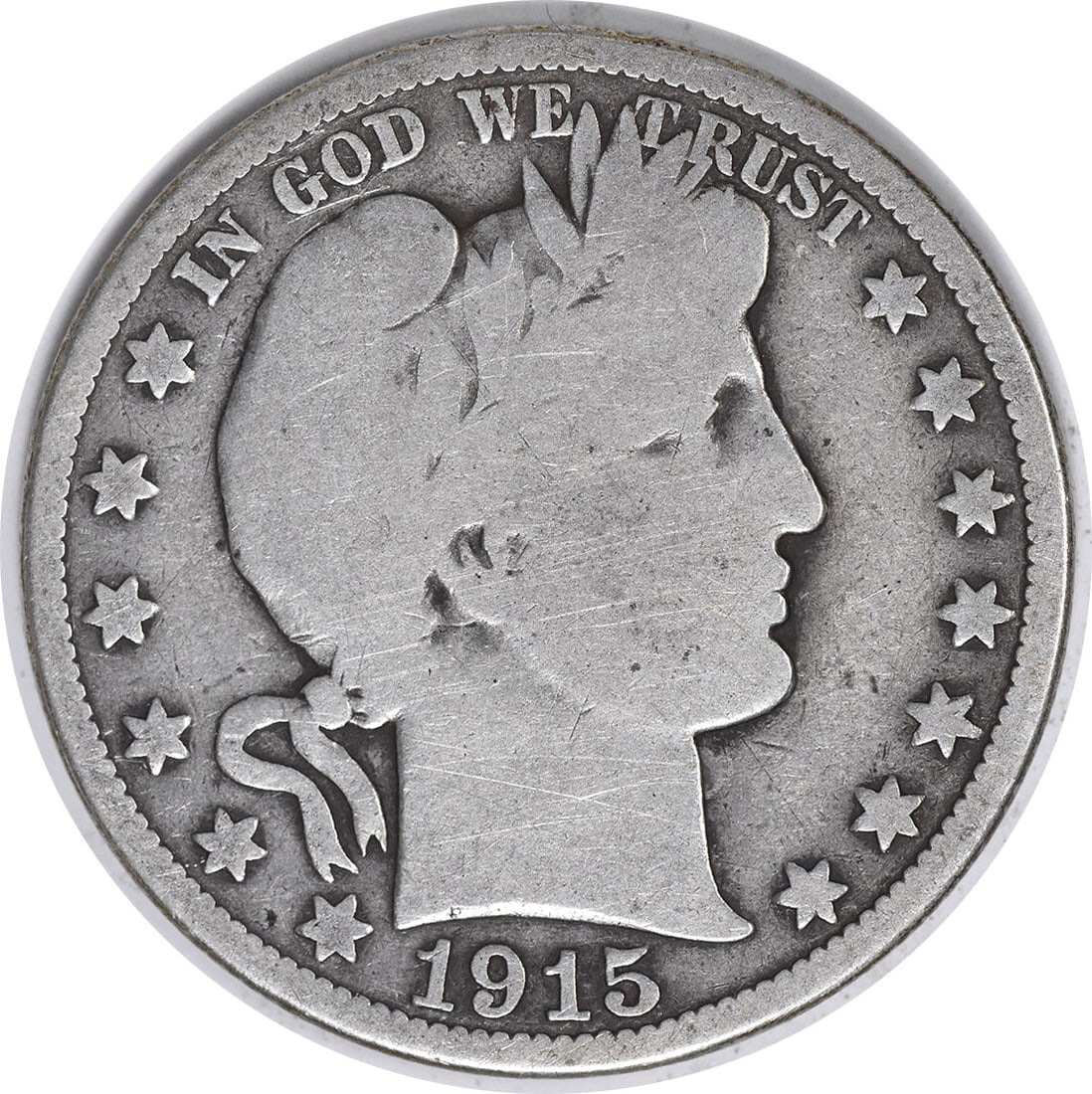 1915 Barber Silver Half Dollar 90% Silver VG Uncertified: 1915 Barber Silver Half Dollar 90% Silver VG Uncertified This 1915 Barber Silver Half Dollar showcases a classic design by Charles E. Barber. The coin is in a circulated condition, graded as Very Good