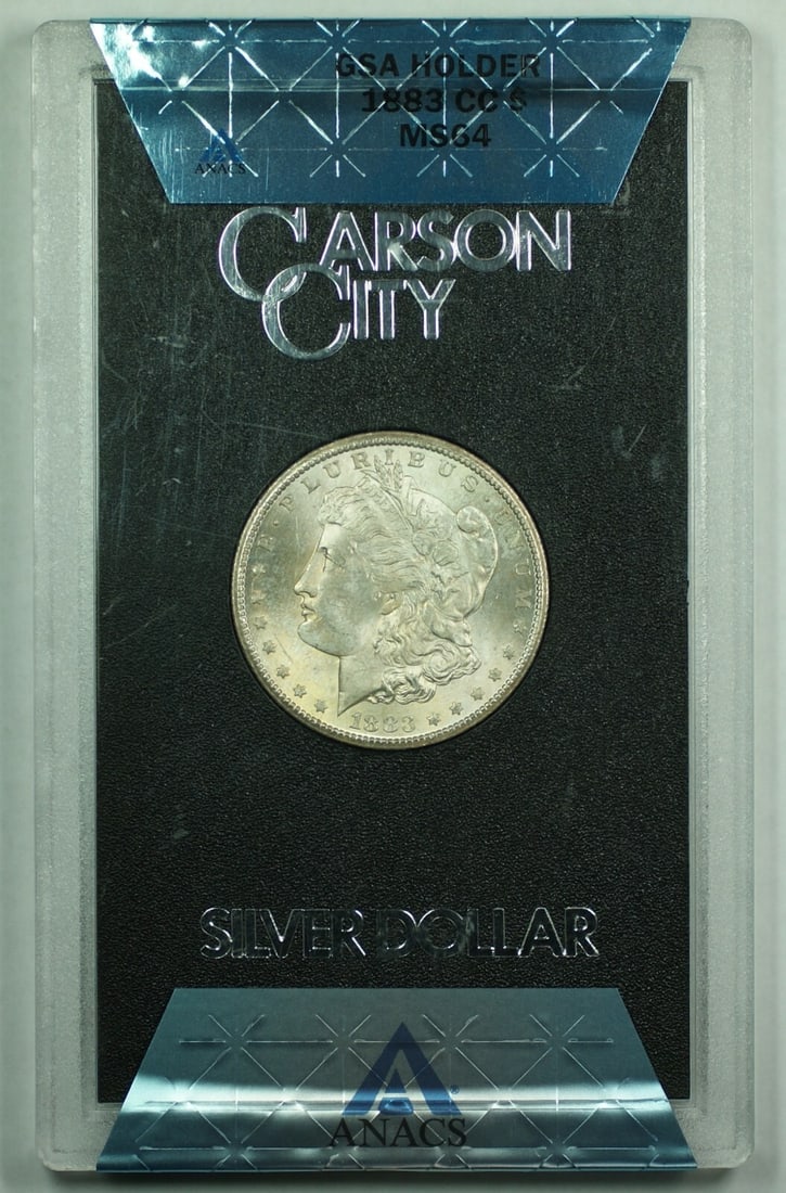 1883 Carson City Morgan Dollar ANACS MS-64 GSA Hoard in Box with COA: 1883 Carson City Morgan Dollar ANACS MS-64 GSA Hoard in Box with COA This 1883-CC Morgan Silver Dollar originates from the GSA Hoard and was minted in Carson City. Certified by ANACS with a grade of M