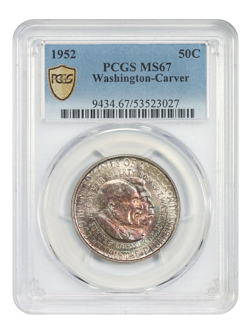 1952 Washington Carver Half Dollar PCGS MS67 Silver Commemorative Coin: 1952 Washington Carver Half Dollar PCGS MS67 Silver Commemorative Coin This 1952 50-cent Washington-Carver Classic Silver Commemorative coin is graded MS67 by PCGS. It was issued by the Philadelphia M