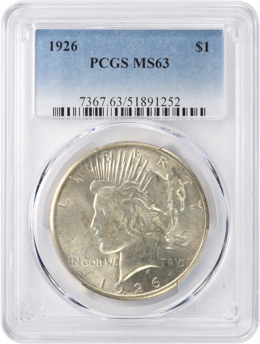 PCGS Graded MS63 1926 Peace Dollar Philadelphia 90 Percent Silver: PCGS Graded MS63 1926 Peace Dollar Philadelphia 90 Percent Silver This 1926 Peace Silver Dollar, graded MS63 by PCGS, is an uncirculated coin minted in Philadelphia. Composed of 90% silver and 10% cop