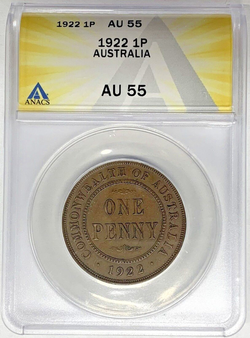 ANACS AU 55 graded 1922 Australian pre-decimal one penny coin: ANACS AU 55 graded 1922 Australian pre-decimal one penny coin This 1922 Australia One Penny coin is a pre-decimal issue graded AU 55 by ANACS. It is a certified, pre-owned collectible from Australia, 