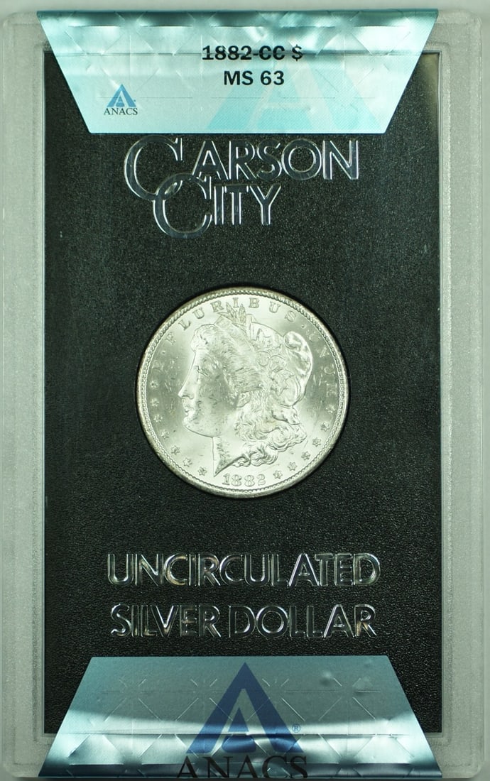 1882 Carson City Morgan Silver Dollar ANACS MS 63 GSA Issue: 1882 Carson City Morgan Silver Dollar ANACS MS 63 GSA Issue This is an 1882 Carson City Morgan Silver Dollar, certified by ANACS with a grade of MS 63. The coin is uncirculated and features the classi
